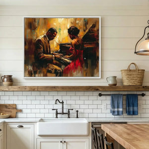 Black farmhouse wall decor in farmhouse kitchen with shiplap and apron sink, romantic Black couple at jazz piano. Digital mockup.