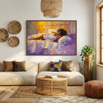 Afrocentric wall decor in living room with Afrocentric living room linen sofa rattan drum table African wall. Digital mockup.