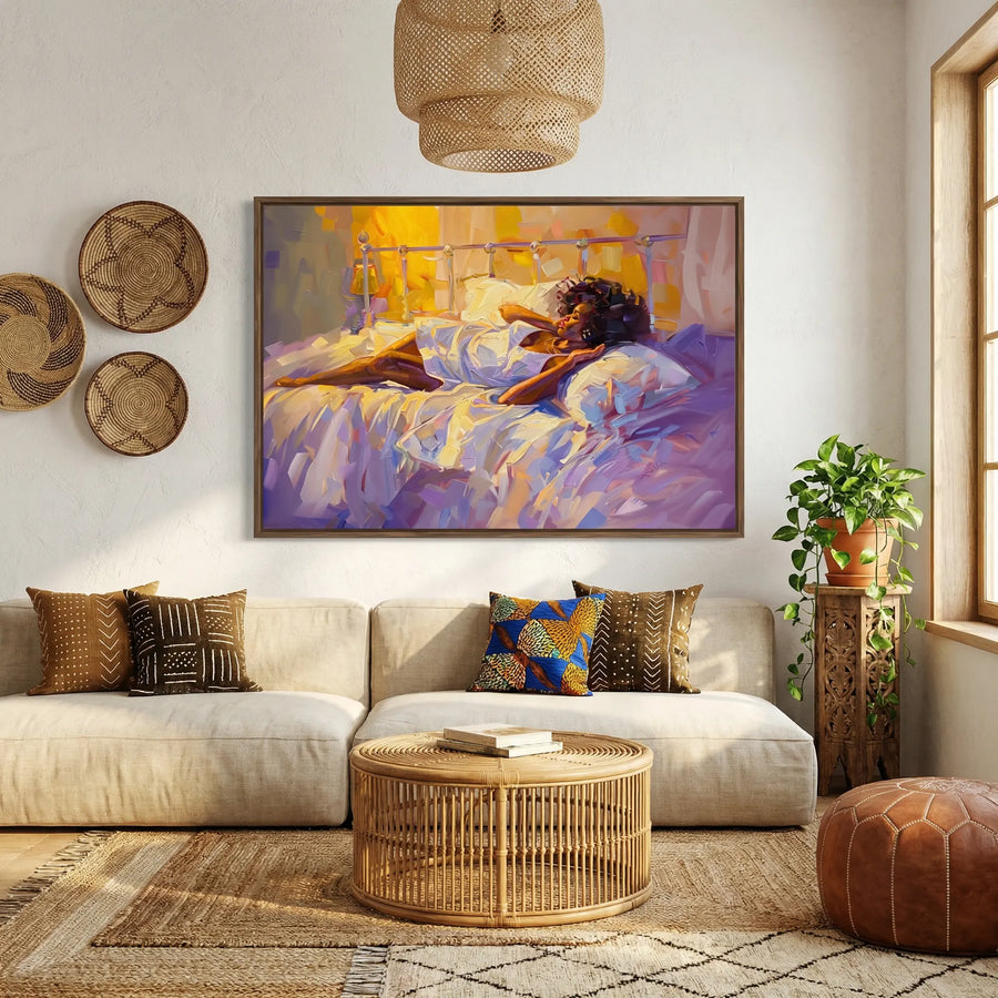 Afrocentric wall decor in living room with Afrocentric living room linen sofa rattan drum table African wall. Digital mockup.