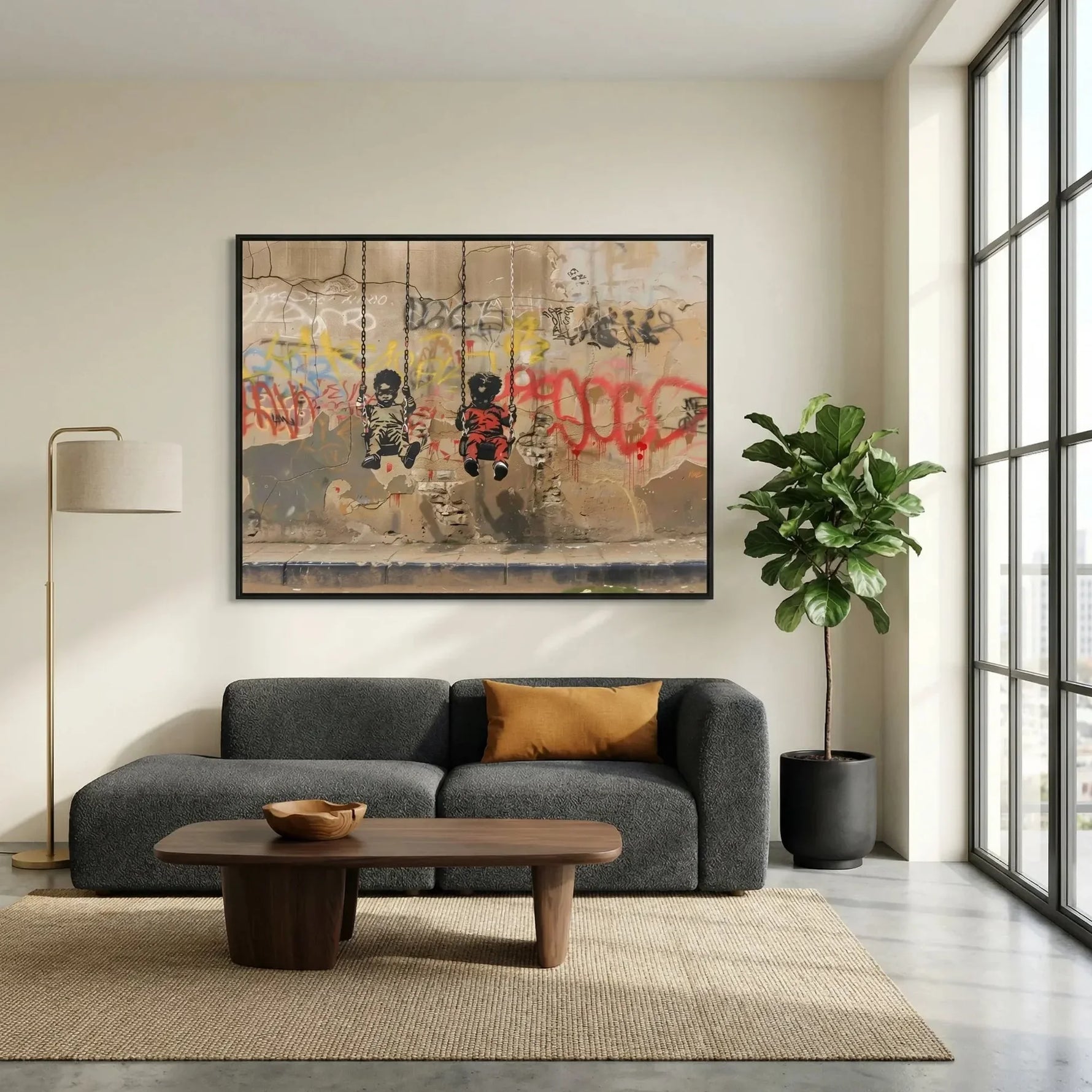 Modern African American art in modern minimalist living room with gray sofa and fiddle leaf, Black boys on swings, stencil. Digital mockup.