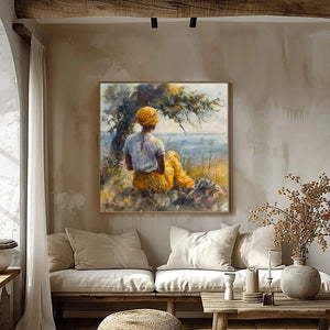 Gullah Geechee art in rustic plaster living room with cream sofa and dried branches, Black woman by marsh tree. Digital mockup.