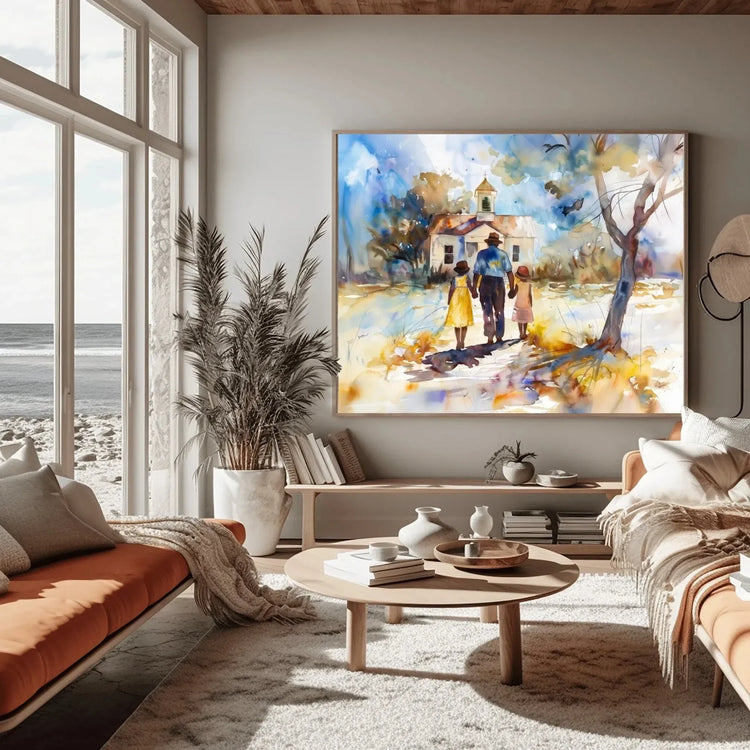 Gullah Geechee art in coastal space with ocean view and pampas, Black family walking to country church, watercolor. Digital mockup.