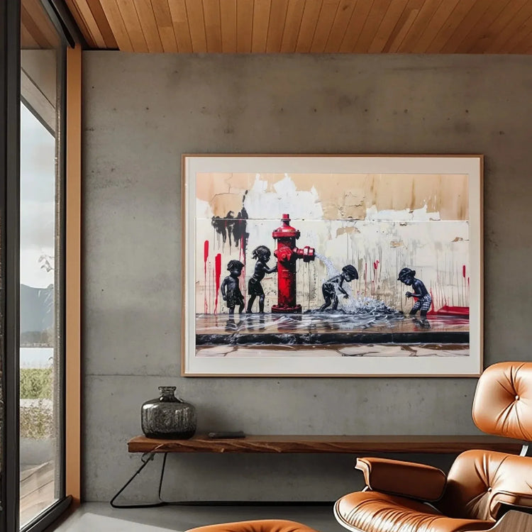 Graffiti Black art in mid-century living room with concrete wall and cognac chair, Black children with hydrant urban art. Digital mockup.