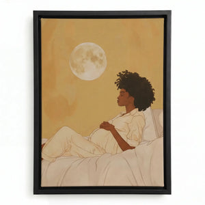 Boho Black girl wall art in black floating frame, watercolor portrait of pregnant Black woman under full moon. Digital mockup.