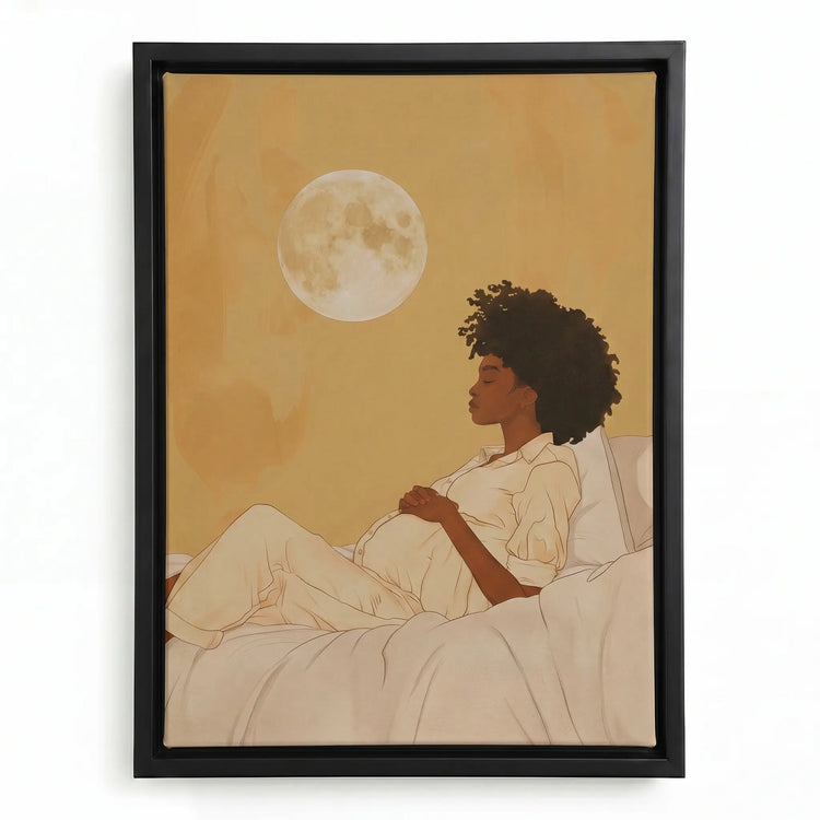 Moon Dip canvas in black floating frame, African boho living room art. Digital mockup.