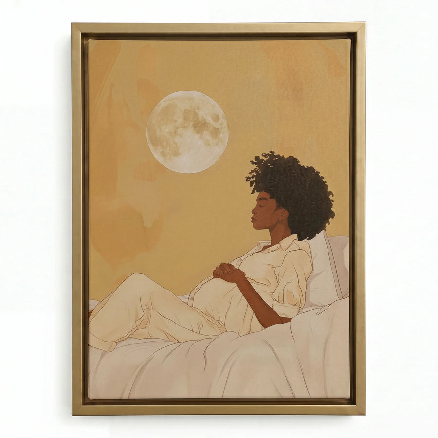 Moon Dip canvas in gold floating frame, African boho living room art. Digital mockup.