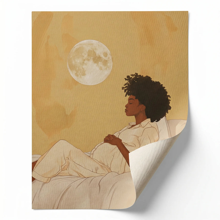 Moon Dip canvas print rolled for custom framing, Afro boho living room art. Digital mockup.