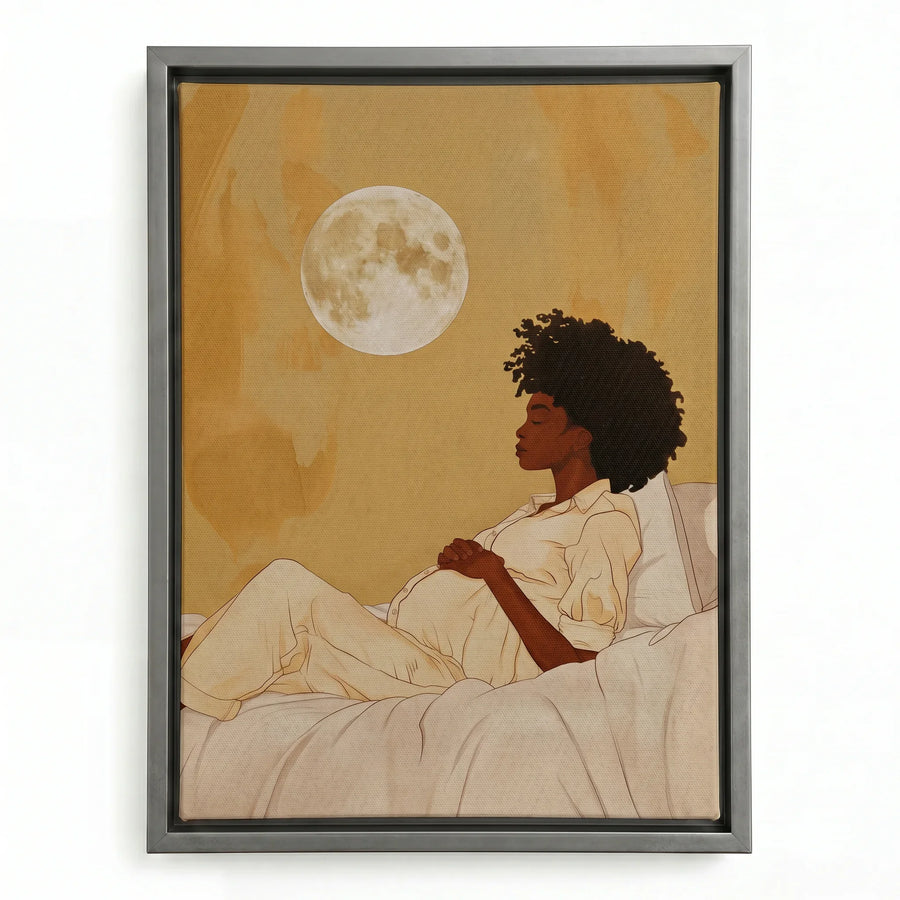 Moon Dip canvas in silver floating frame, Coastal calm Afrocentric decor. Digital mockup.