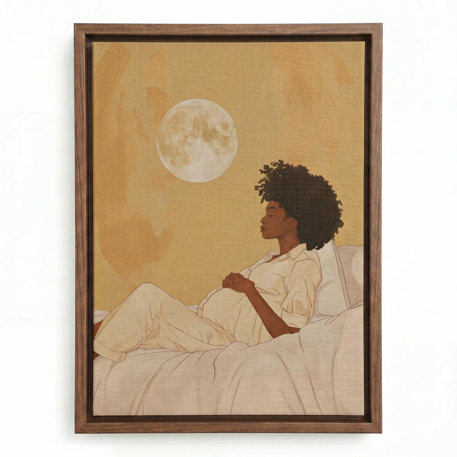 Moon Dip canvas in walnut floating frame, Afro boho living room art. Digital mockup.