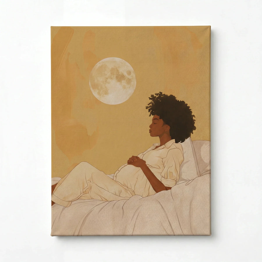 Moon Dip stretched canvas with gallery wrap edges, Afrohemian home decor wall art. Digital mockup.
