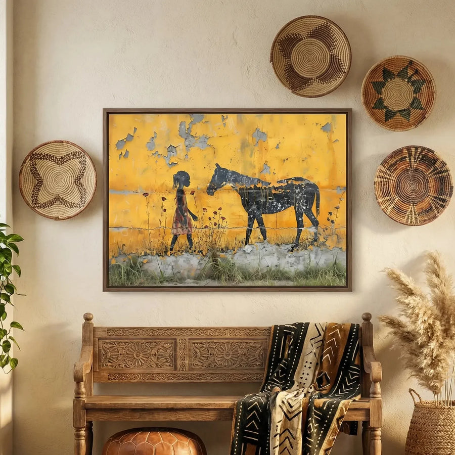 Afrohemian home decor wall art in afrohemian hallway with woven baskets and pampas, Black girl with horse street-art stencil. Digital mockup.