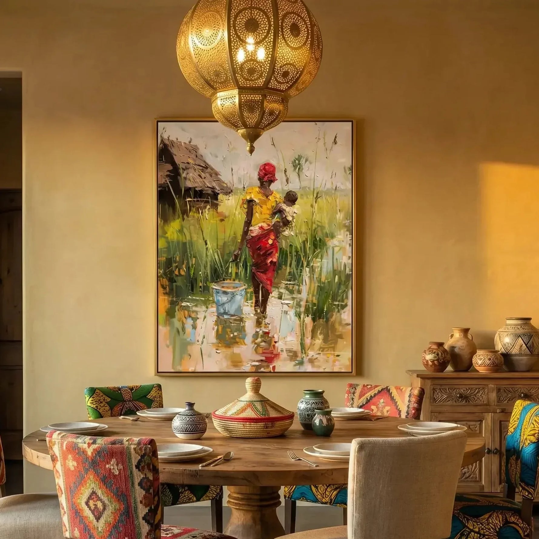 African American dining room art in mustard Moroccan dining with carved chairs, African woman with baby in village. Digital mockup.
