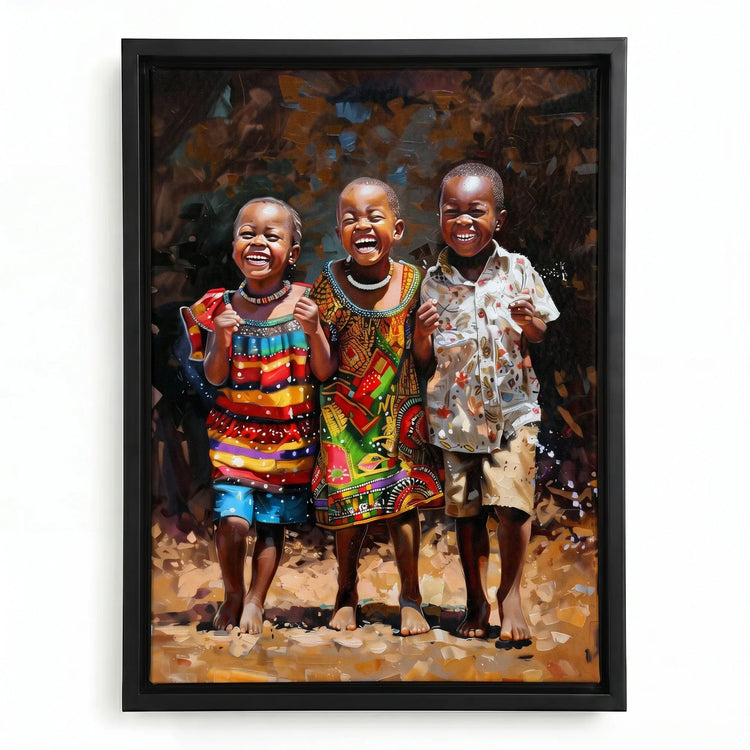 African American Joy series art in black floating frame, three joyful African children in Ankara prints impasto oil painting. Digital mockup.