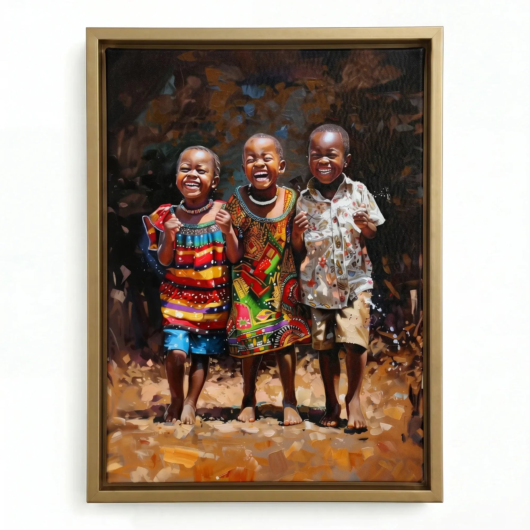 African American Joy series art in gold floating frame, three joyful African children in Ankara prints painterly. Digital mockup.