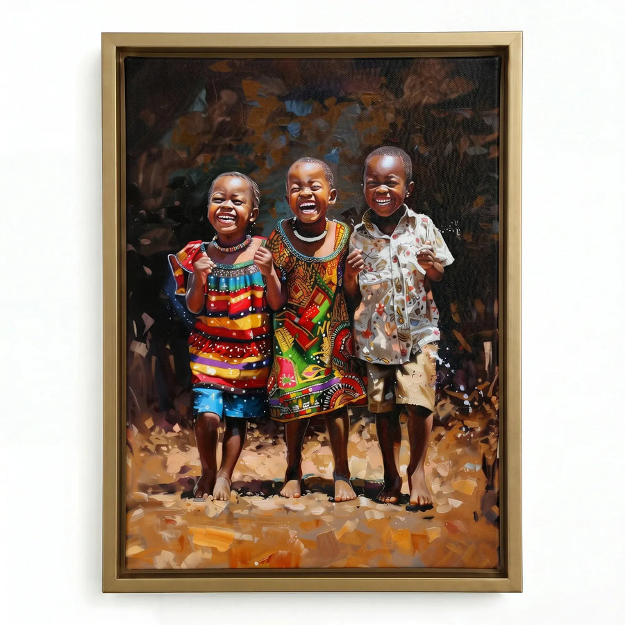African American Joy series art in gold floating frame, three joyful African children in Ankara prints painterly. Digital mockup.