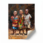 African American Joy series art rolled canvas print ready for custom framing, three joyful African children in prints. Digital mockup.