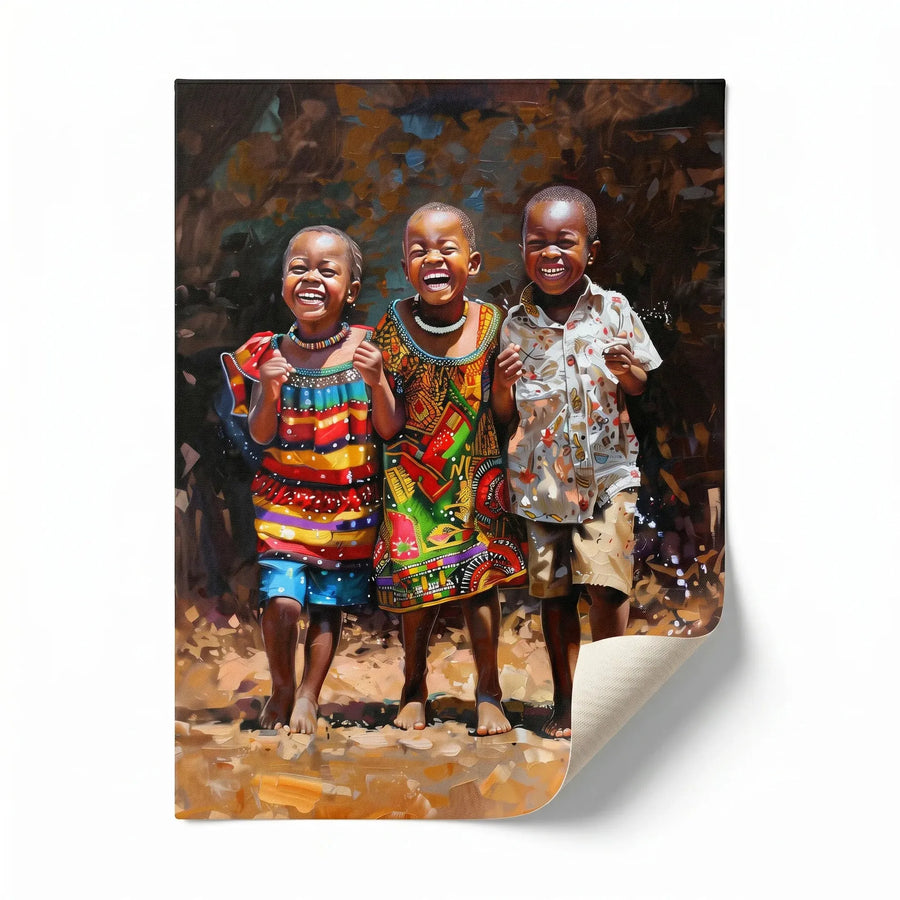 African American Joy series art rolled canvas print ready for custom framing, three joyful African children in prints. Digital mockup.