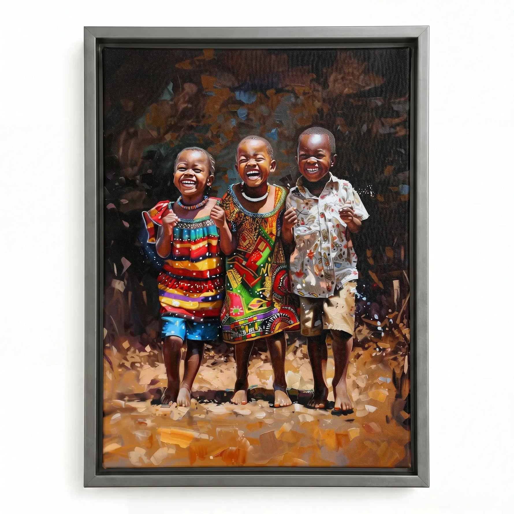 African American Joy series art in silver floating frame, three joyful African children in colorful prints, impasto painting. Digital mockup.