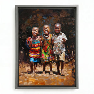 African American Joy series art in silver floating frame, three joyful African children in colorful prints, impasto painting. Digital mockup.
