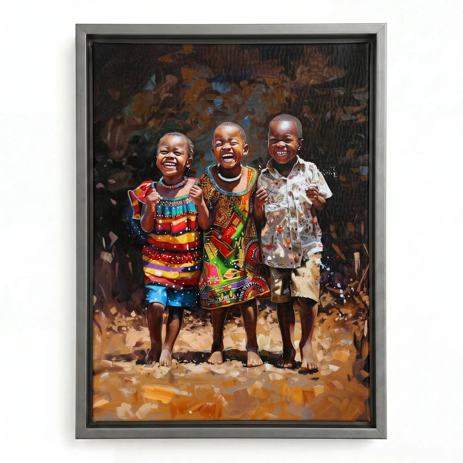 African American Joy series art in silver floating frame, three joyful African children in colorful prints, impasto painting. Digital mockup.