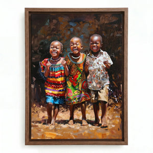 African American Joy series art in walnut floating frame, three laughing African children in colorful prints. Digital mockup.