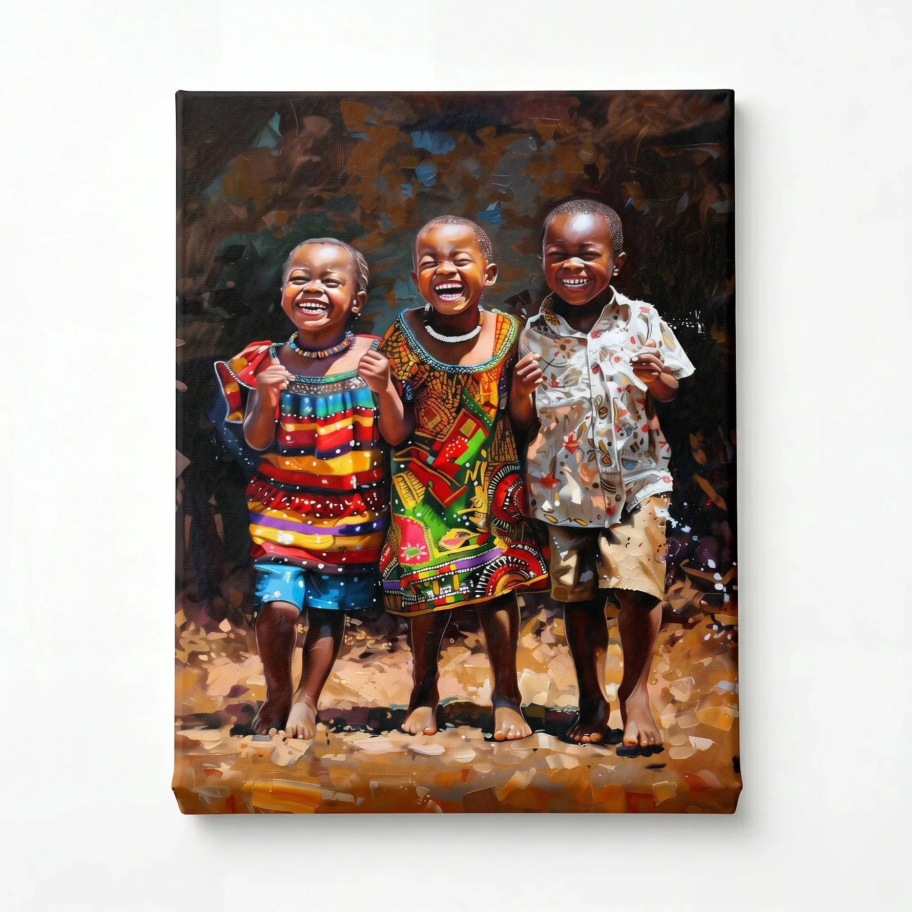 African American Joy series art stretched canvas, ready to hang. Three joyful African children in Ankara prints. Digital mockup.