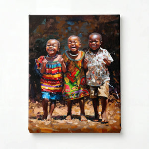 African American Joy series art stretched canvas, ready to hang. Three joyful African children in Ankara prints. Digital mockup.