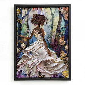 Hand-stitched look melanin canvas in black floating frame, paper-quilled Black girl in white ball gown with rose crown. Digital mockup.