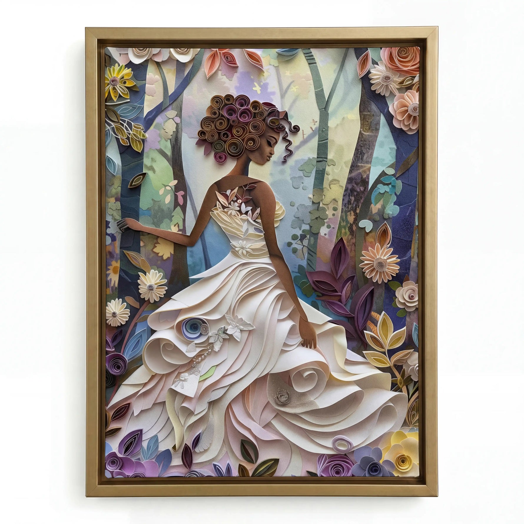 Quilted Soul canvas in gold floating frame, Black excellence wall art. Digital mockup.