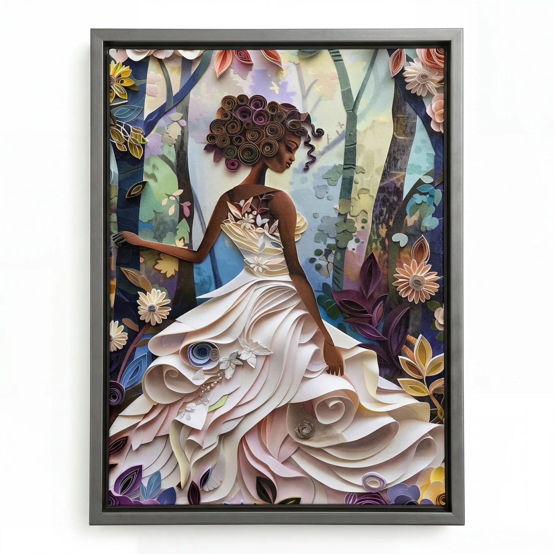 Quilted Soul canvas in silver floating frame, Afrocentric wall decor canvas. Digital mockup.
