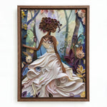 Quilted Soul canvas in walnut floating frame, African American art. Digital mockup.