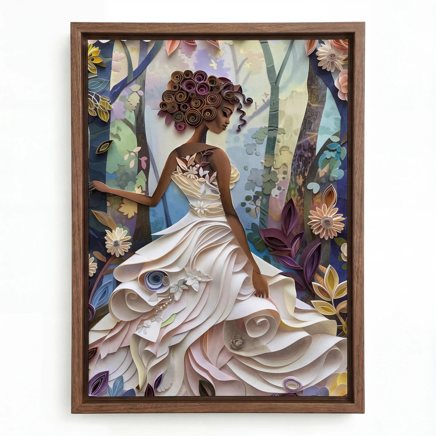 Quilted Soul canvas in walnut floating frame, African American art. Digital mockup.