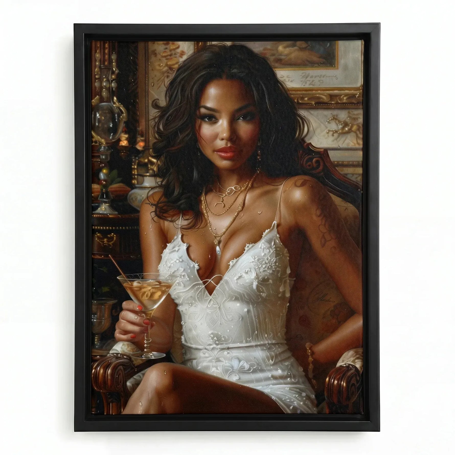 Regal melanin wall art in black floating frame, glamorous Renaissance-style Black woman in white lace dress with martini. Digital mockup.