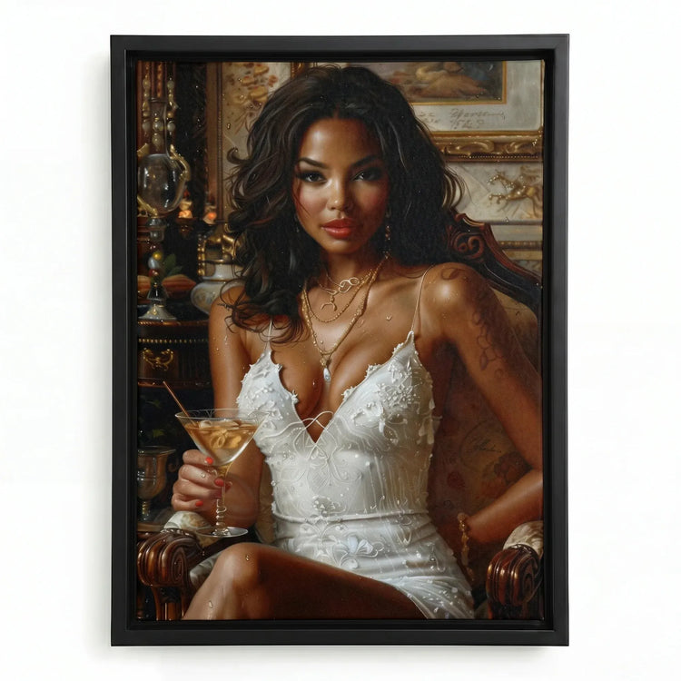 Regal melanin wall art in black floating frame, glamorous Renaissance-style Black woman in white lace dress with martini. Digital mockup.