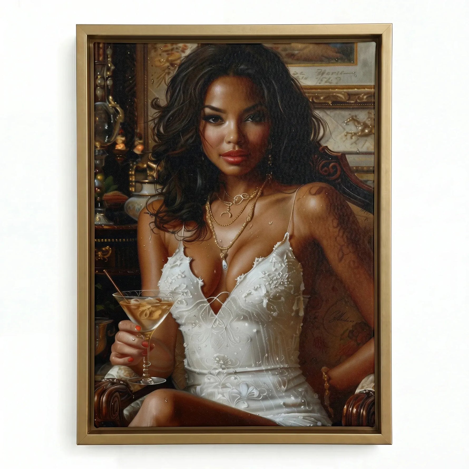 Regal melanin wall art in gold floating frame, glamorous Black woman in white lace dress holding martini old-world style. Digital mockup.