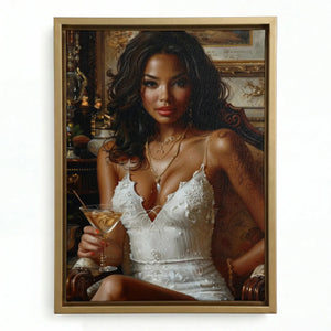 Regal melanin wall art in gold floating frame, glamorous Black woman in white lace dress holding martini old-world style. Digital mockup.