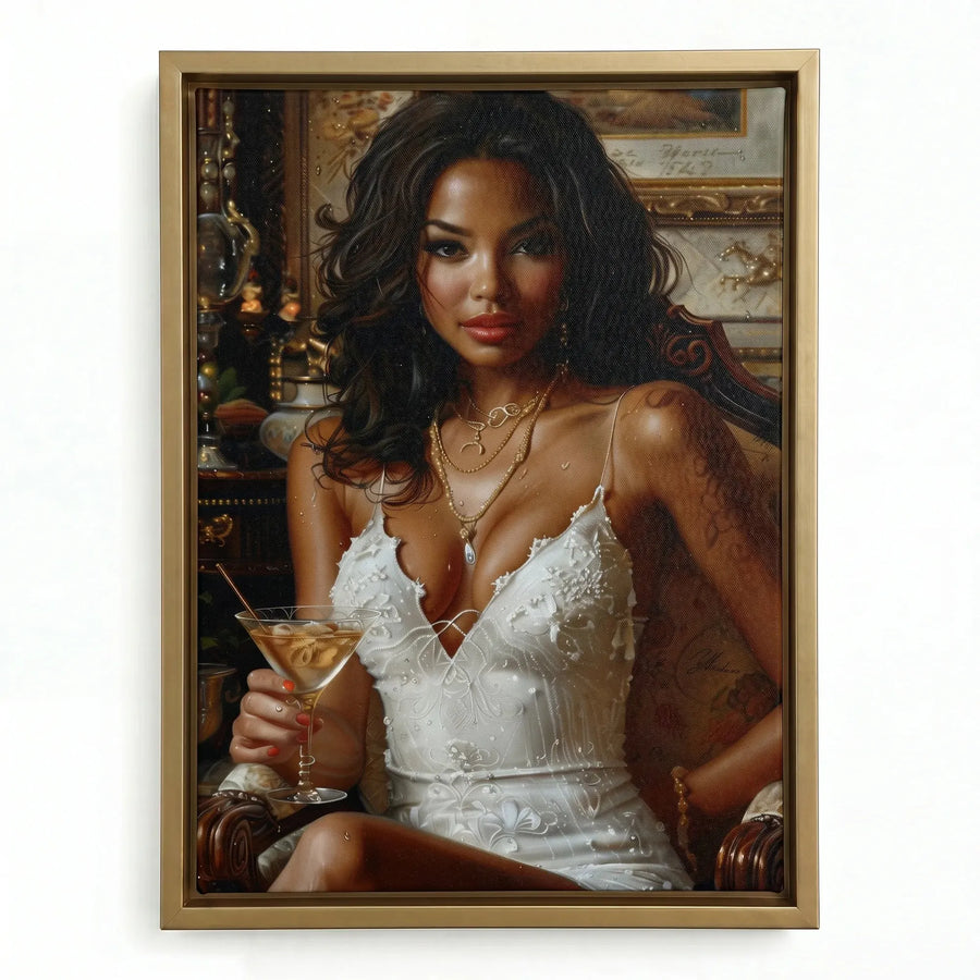 Regal melanin wall art in gold floating frame, glamorous Black woman in white lace dress holding martini old-world style. Digital mockup.