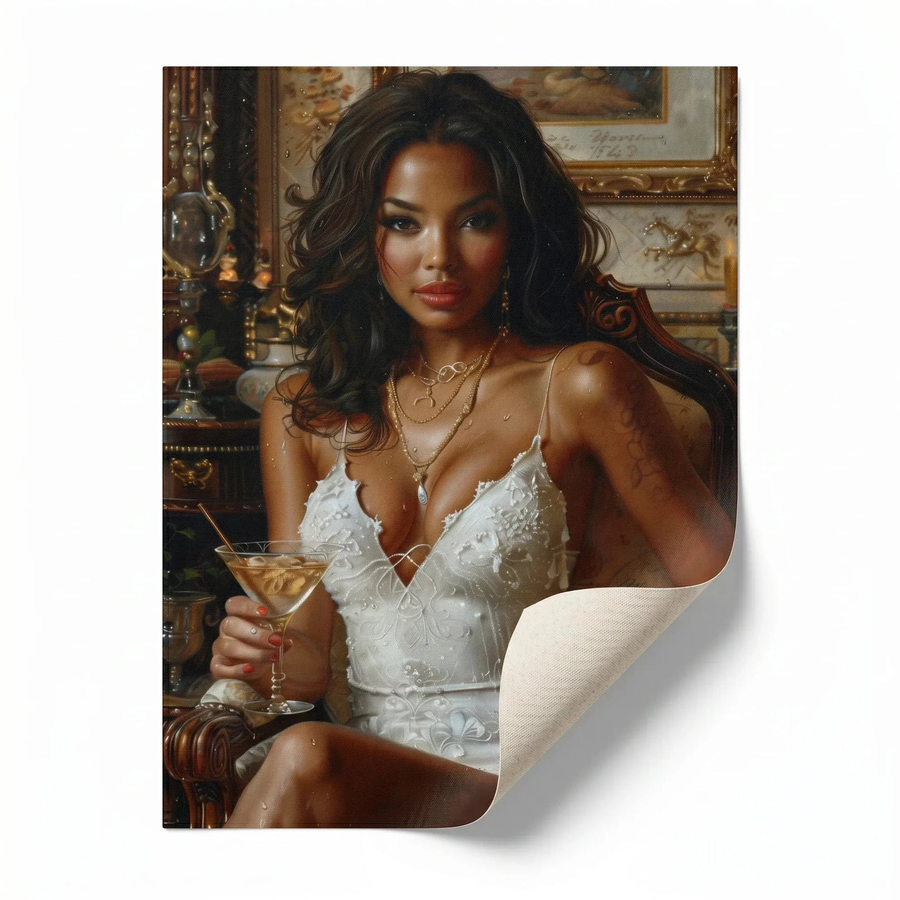 Regal melanin wall art rolled canvas print ready for custom framing, Black woman in white dress with martini glass. Digital mockup.