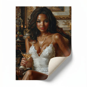 Regal melanin wall art rolled canvas print ready for custom framing, Black woman in white dress with martini glass. Digital mockup.