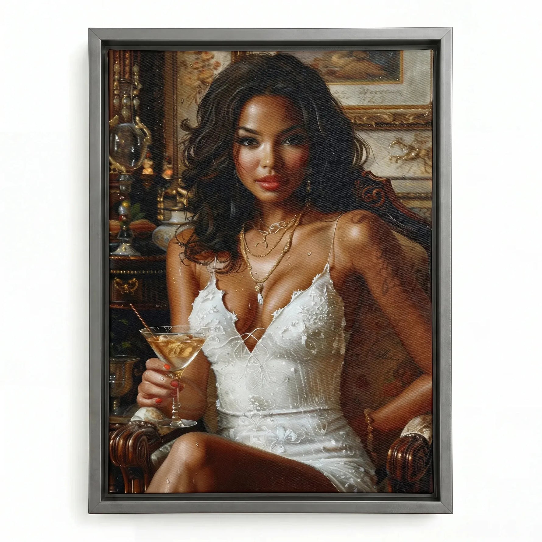 Regal melanin wall art in silver floating frame, modern Black woman in white dress with martini Renaissance oil painting. Digital mockup.