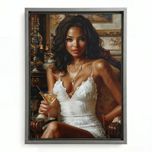 Regal melanin wall art in silver floating frame, modern Black woman in white dress with martini Renaissance oil painting. Digital mockup.