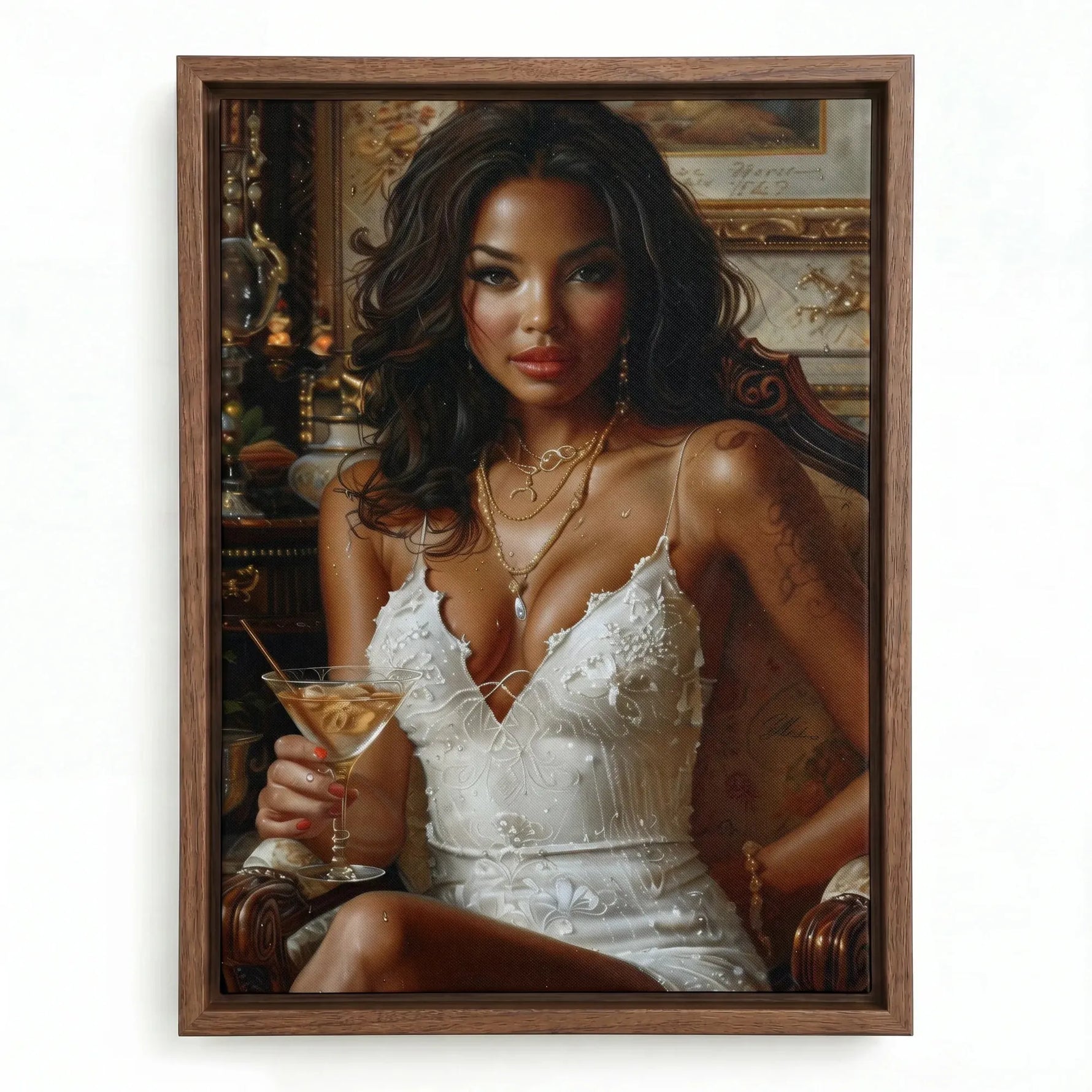Regal melanin wall art in walnut floating frame, Renaissance Black woman in white dress with martini glass oil painting. Digital mockup.