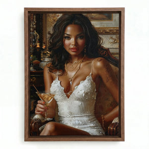 Regal melanin wall art in walnut floating frame, Renaissance Black woman in white dress with martini glass oil painting. Digital mockup.