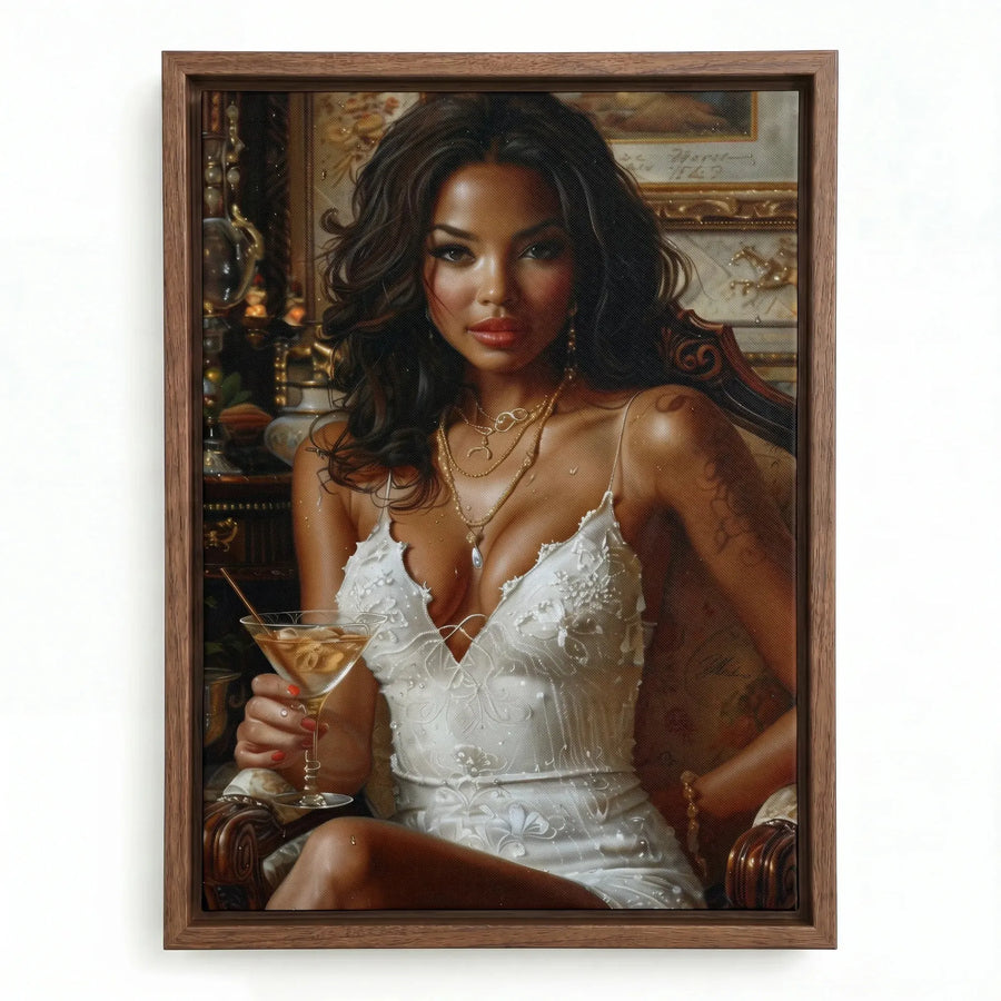 Regal melanin wall art in walnut floating frame, Renaissance Black woman in white dress with martini glass oil painting. Digital mockup.