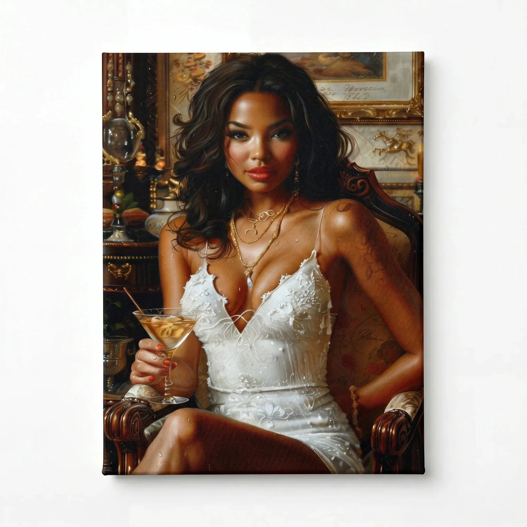 Regal melanin wall art stretched canvas, ready to hang. Black woman in white lace dress with martini Renaissance painting. Digital mockup.