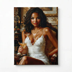 Regal melanin wall art stretched canvas, ready to hang. Black woman in white lace dress with martini Renaissance painting. Digital mockup.