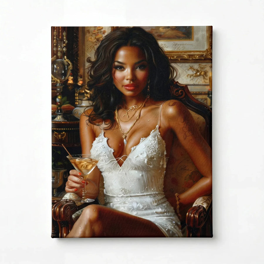 Regal melanin wall art stretched canvas, ready to hang. Black woman in white lace dress with martini Renaissance painting. Digital mockup.