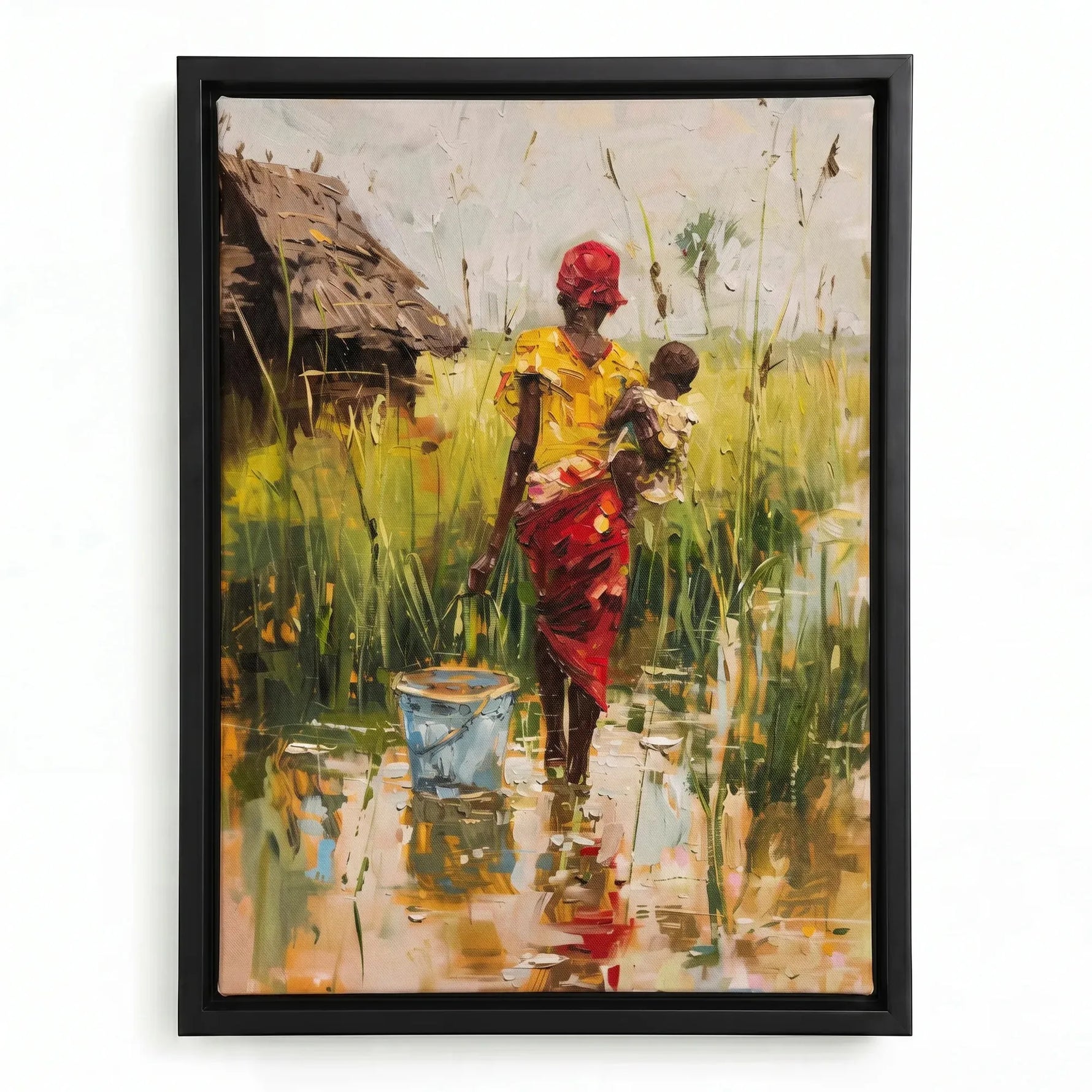 African mother village art in black floating frame, impasto African woman in red headwrap carrying baby in village. Digital mockup.