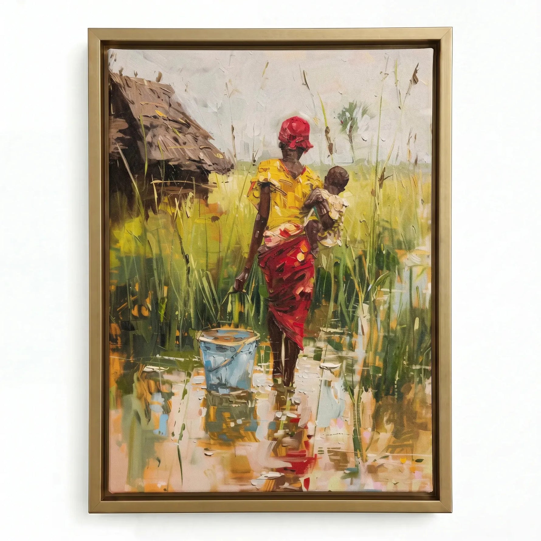 African mother village art in gold floating frame, impasto African woman with baby and water bucket village scene. Digital mockup.