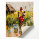 African mother village art rolled canvas print ready for custom framing, African woman with baby in village. Digital mockup.